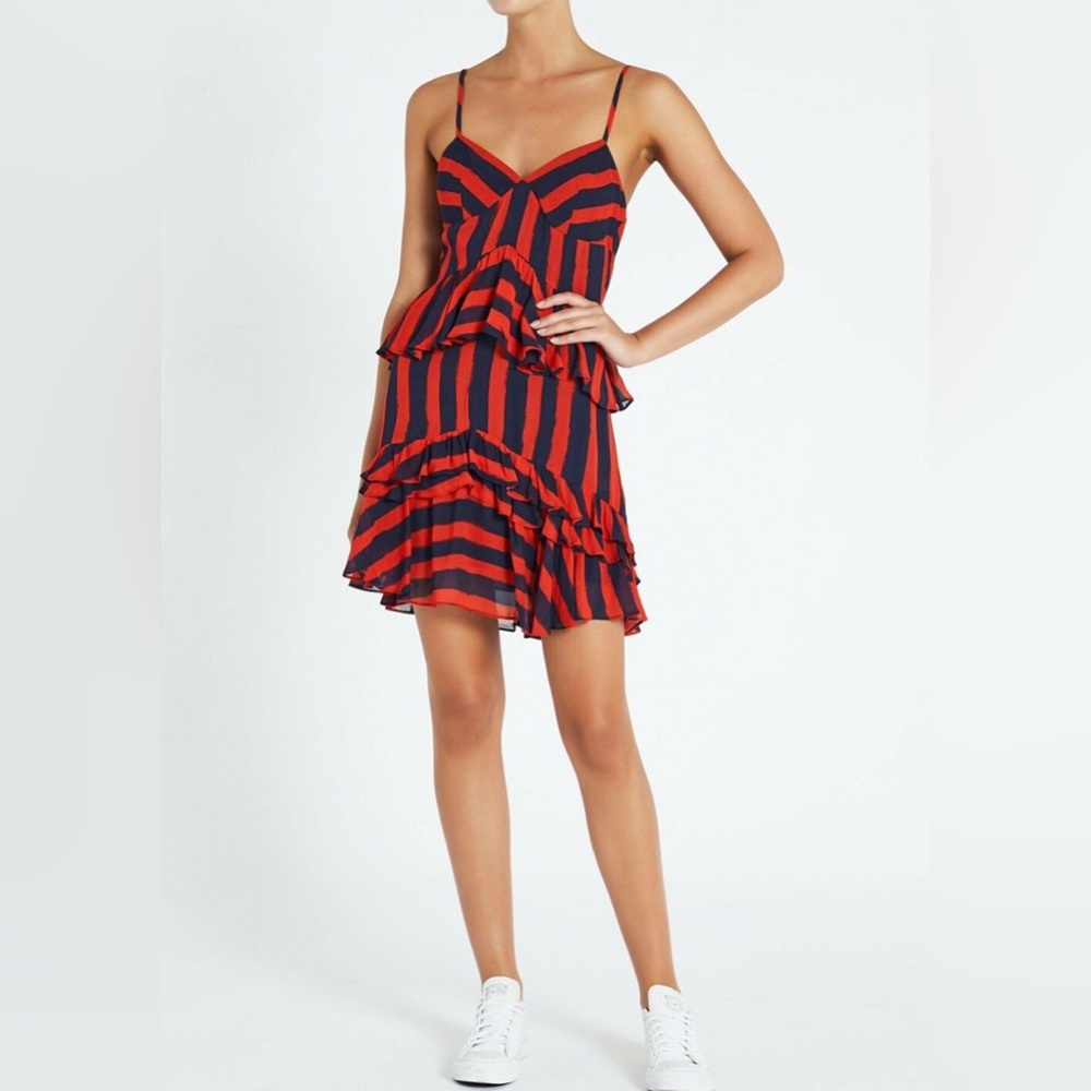 SASS & BIDE Palais Royale Red Navy Blue Stripe Ruffle Hem Cami Mini Dress - Picture 2 of 9